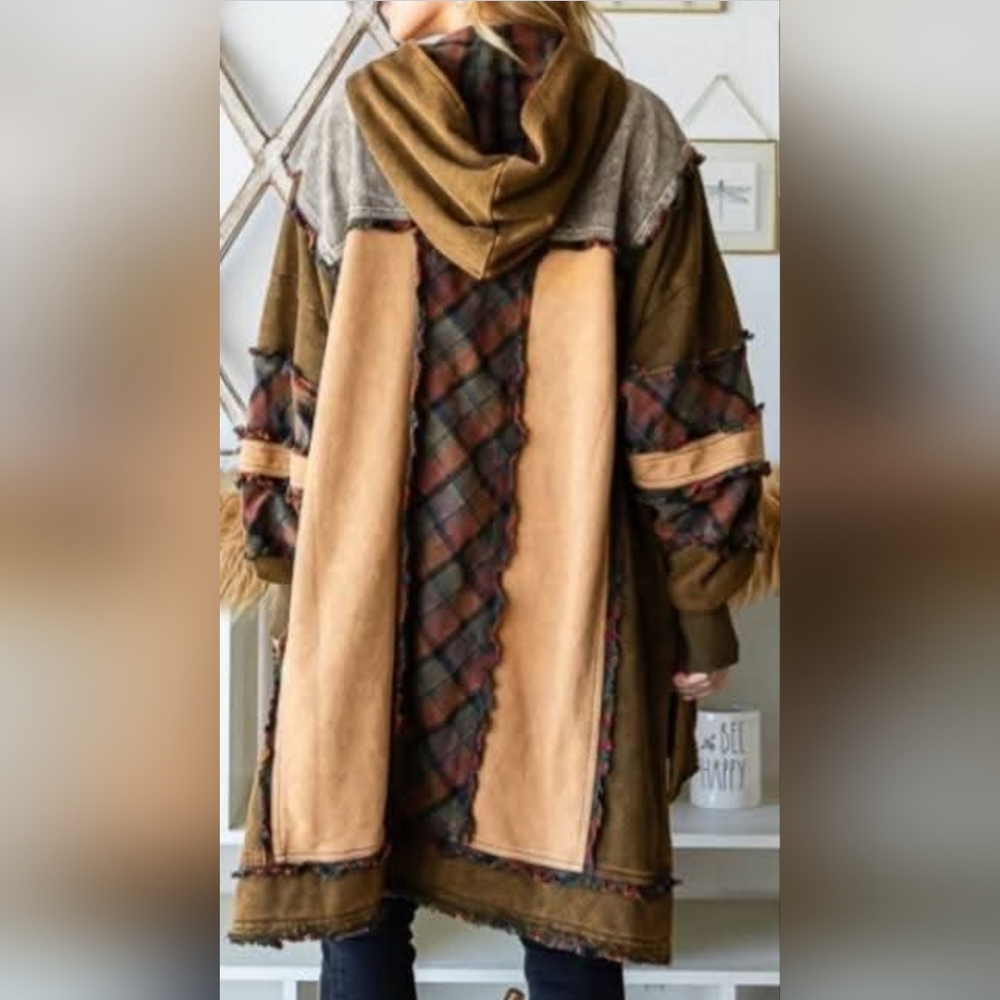 New Oli & Hali Oversized Patchwork Mineral Wash Hoodie with Plaid Accents Sz M/L - Picture 4 of 16